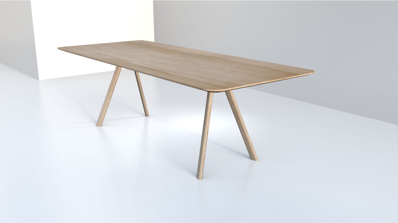 Eiken tafel 'Mojo': verjongd met afgeronde hoeken.