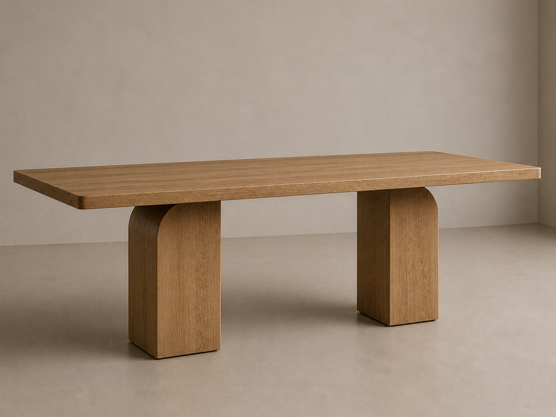 Tafel Arc. Een eiken bloktafel met massieve blokpoten als middenpoten onder de tafel, met gebogen bovenkant. 