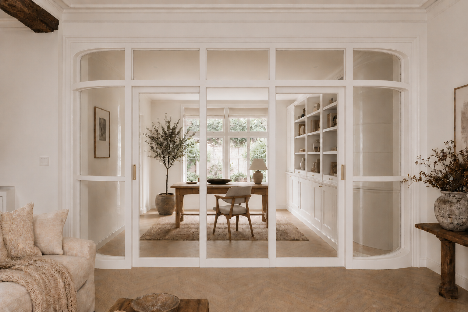 Wit landelijk ontwerp met gebogen glas