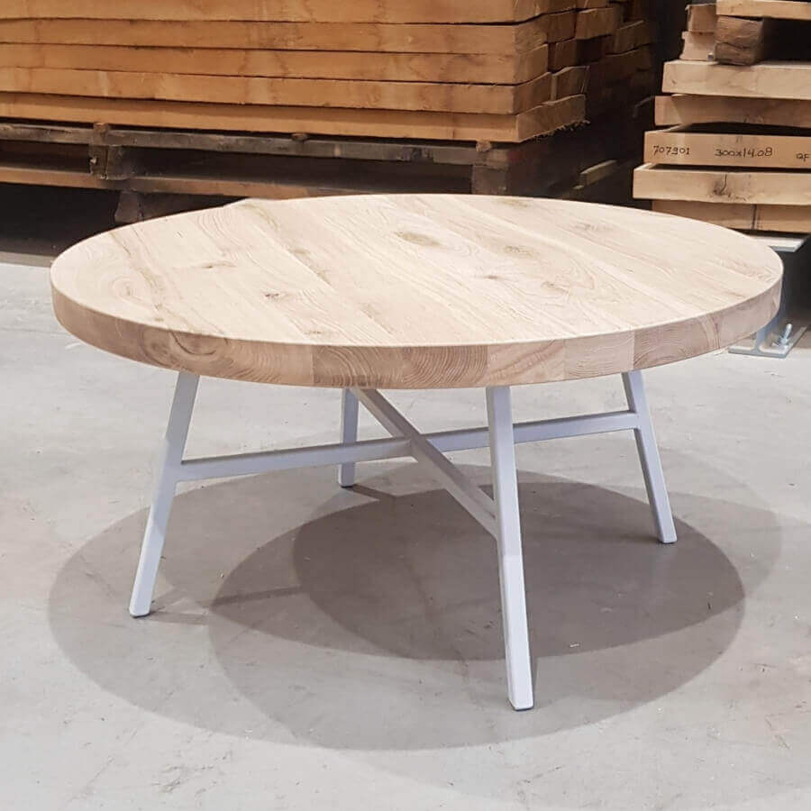 Actuator reguleren twaalf Ronde salontafel met eiken blad van 80 cm en lichtgrijs metalen onderstel -  koop online bij LijnM
